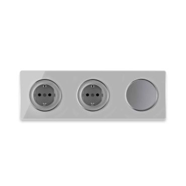 2х Schuko socket + Single light switch + Glass cover frame triple, horizontal - grey