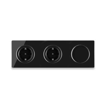 2х Schuko socket + Single light switch + Glass cover frame triple, horizontal - black