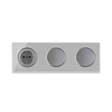Schuko socket + 2x Single light switch + Glass cover frame triple, horizontal - grey