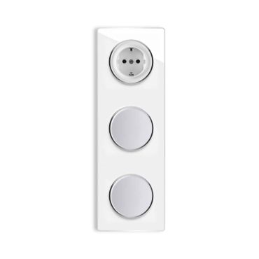 Schuko socket + 2x Single light switch + Glass cover frame triple, vertical - white