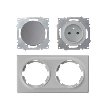 Type E socket + switch, 230V/16A, grounded – complete set with plastic frame (Florence series), horizontal – grey