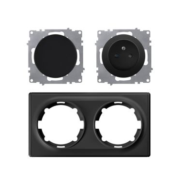 Type E socket + switch, 230V/16A, grounded – complete set with plastic frame (Florence series), horizontal – black