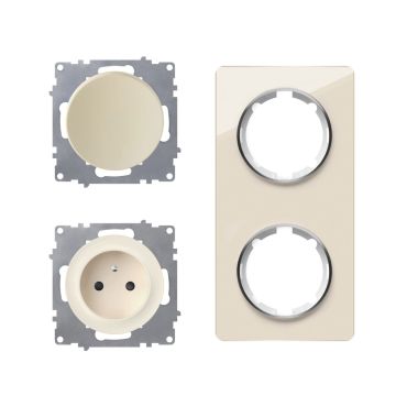Type E socket + switch, 230V/16A, grounded – complete set with glass frame (Garda series), vertical – beige