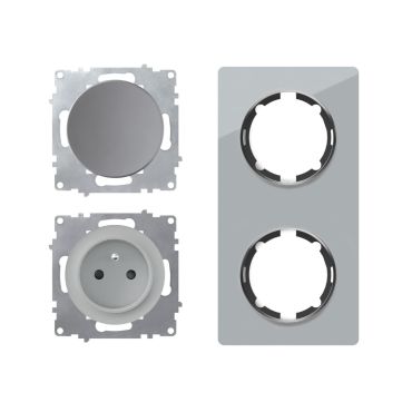 Type E socket + switch, 230V/16A, grounded – complete set with glass frame (Garda series), vertical – grey