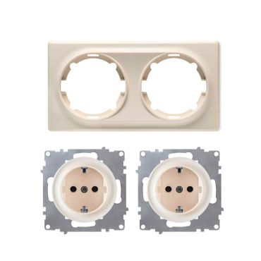2x Schuko socket outlet with 2-gang frame, flush-mounted, horizontal - beige