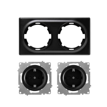 2x Schuko socket outlet with 2-gang frame, flush-mounted, horizontal - black