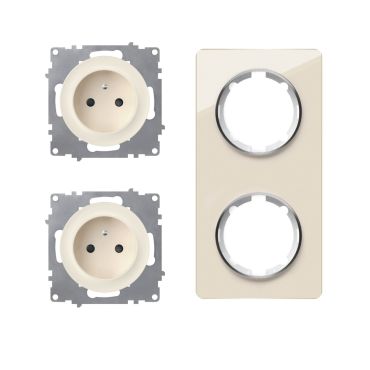 Type E double socket, 230V/16A, grounded – complete set with glass frame (Garda series), vertical – beige