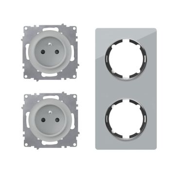 Type E double socket, 230V/16A, grounded – complete set with glass frame (Garda series), vertical – grey