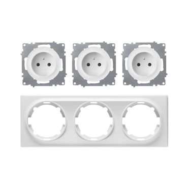 Triple Type E grounded socket, 230V/16A – complete set with plastic frame (Florence) – horizontal – white