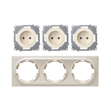 Triple Type E grounded socket, 230V/16A – complete set with plastic frame (Florence) – horizontal – beige
