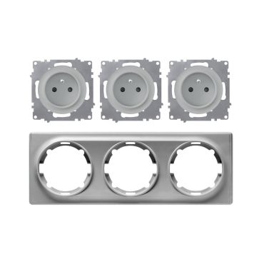 Triple Type E grounded socket, 230V/16A – complete set with plastic frame (Florence) – horizontal – grey