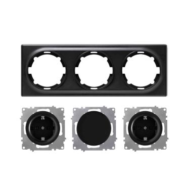 2x Schuko socket outlet and light switch with 3-gang frame, flush-mounted, horizontal - black