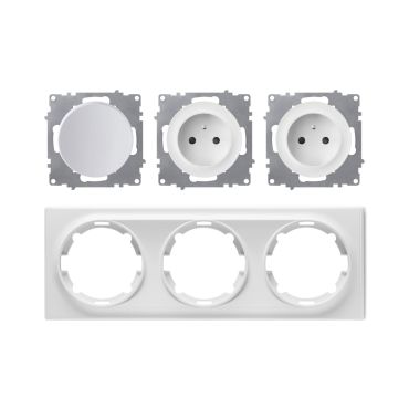 Type E double socket + switch, 230V/16A, grounded – complete set with plastic frame (Florence series), horizontal – white