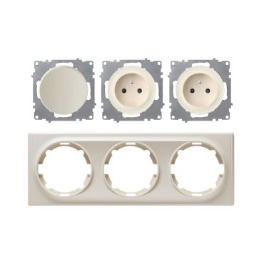 Type E double socket + switch, 230V/16A, grounded – complete set with plastic frame (Florence series), horizontal – beige
