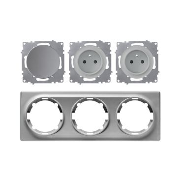 Type E double socket + switch, 230V/16A, grounded – complete set with plastic frame (Florence series), horizontal – grey