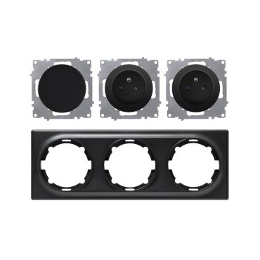Type E double socket + switch, 230V/16A, grounded – complete set with plastic frame (Florence series), horizontal – black