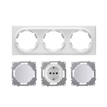 Schuko socket outlet and 2x light switch with 3-gang frame, flush-mounted, horizontal - white