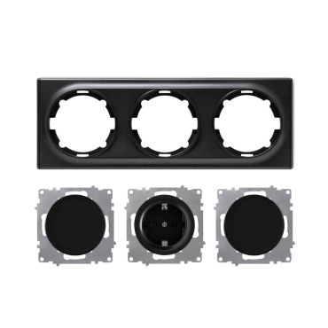 Schuko socket outlet and 2x light switch with 3-gang frame, flush-mounted, horizontal - black