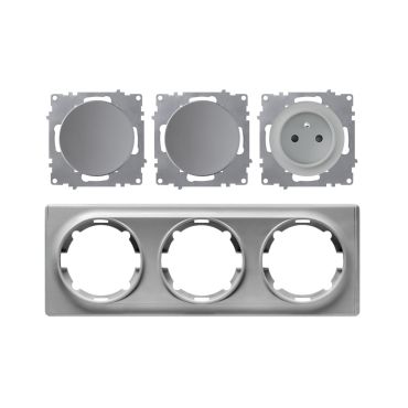 Type E socket + 2 switches, 230V/16A, grounded – complete set with plastic frame (Florence series), horizontal – grey