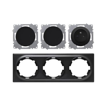 Type E socket + 2 switches, 230V/16A, grounded – complete set with plastic frame (Florence series), horizontal – black