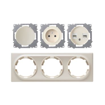 Type E socket + switch + double RJ45 outlet, 230V/16A, grounded – complete set with plastic frame (Florence series), horizontal – beige