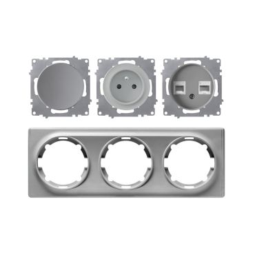 Type E socket + switch + double RJ45 outlet, 230V/16A, grounded – complete set with plastic frame (Florence series), horizontal – grey