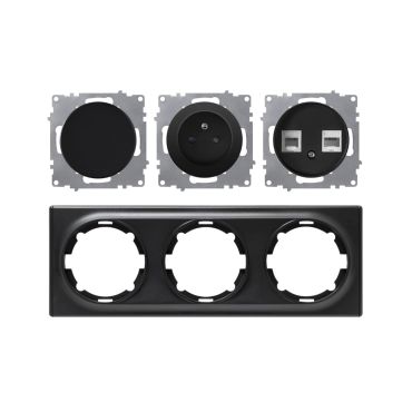 Type E socket + switch + double RJ45 outlet, 230V/16A, grounded – complete set with plastic frame (Florence series), horizontal – black