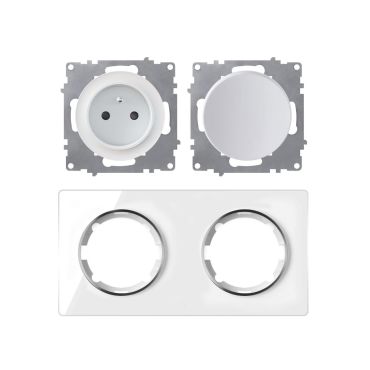 Type E double socket, 230V/16A, grounded – complete set with glass frame (Garda series) – horizontal – white