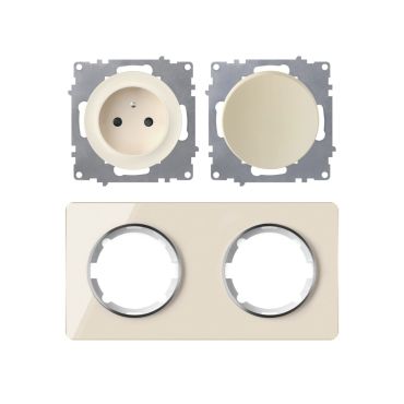 Type E double socket, 230V/16A, grounded – complete set with glass frame (Garda series) – horizontal – beige