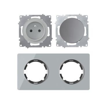 Type E double socket, 230V/16A, grounded – complete set with glass frame (Garda series) – horizontal – grey
