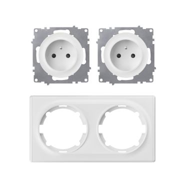 Type E double socket, 230V/16A, grounded – complete set with plastic frame (Florence) – horizontal – white