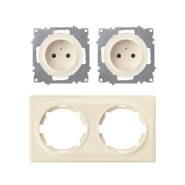 Type E double socket, 230V/16A, grounded – complete set with plastic frame (Florence) – horizontal – beige