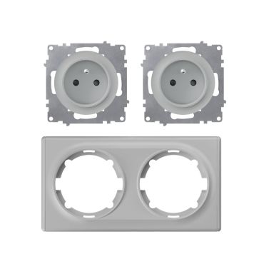 Type E double socket, 230V/16A, grounded – complete set with plastic frame (Florence) – horizontal – grey