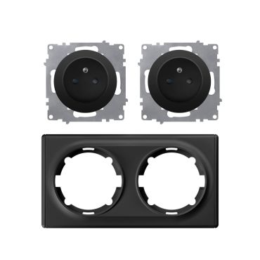 Type E double socket, 230V/16A, grounded – complete set with plastic frame (Florence) – horizontal – black