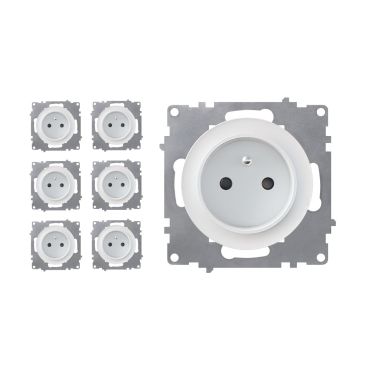 7-pack Type E grounded sockets, 230V/16A – mechanisms only (no frames) – white