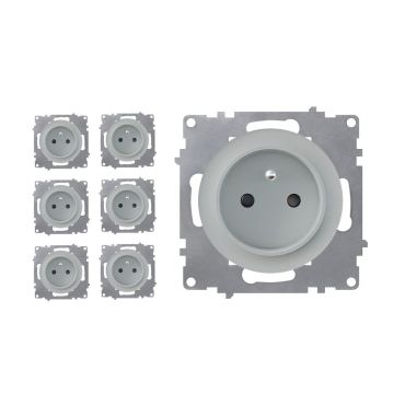 7-pack Type E grounded sockets, 230V/16A – mechanisms only (no frames) – grey