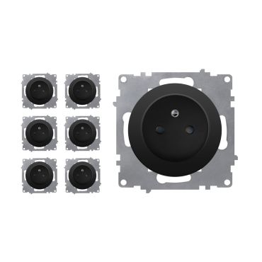 7-pack Type E grounded sockets, 230V/16A – mechanisms only (no frames) – black