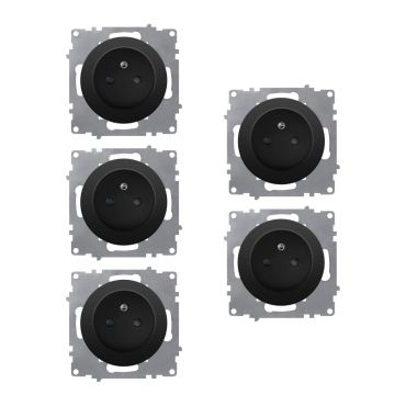 5-pack Type E grounded sockets, 230V/16A – mechanisms only (no frames) – black