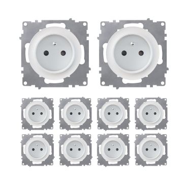 10-pack Type E grounded sockets, 230V/16A – mechanisms only (no frames) – white