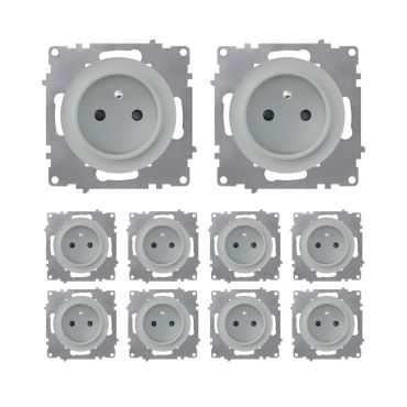 10-pack Type E grounded sockets, 230V/16A – mechanisms only (no frames) – grey