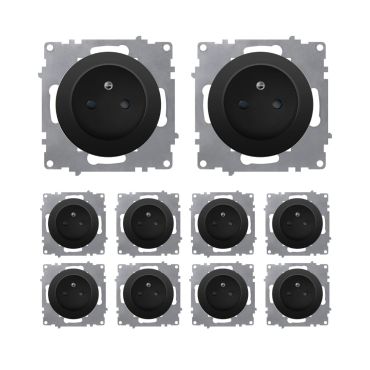 10-pack Type E grounded sockets, 230V/16A – mechanisms only (no frames) – black