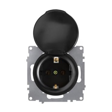 Schuko socket with cover and grounding, 230V/16A, screw terminals, without frame, black