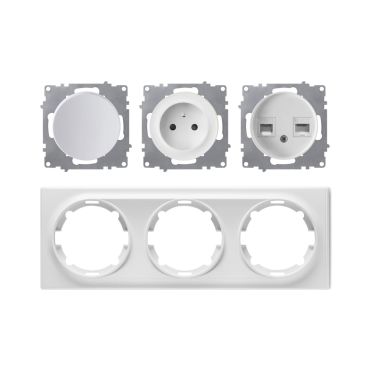 Type E socket + switch + double RJ45 outlet, 230V/16A, grounded – complete set with plastic frame (Florence series), horizontal